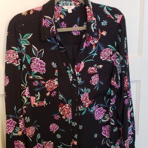 Candee's Button Down Rayon Blend Floral Blouse with Trim